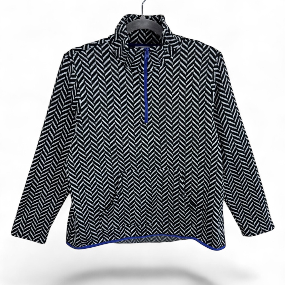 T by Talbots Womens LP Black White Chevron Elliptical Hem Half Zip Pullover
